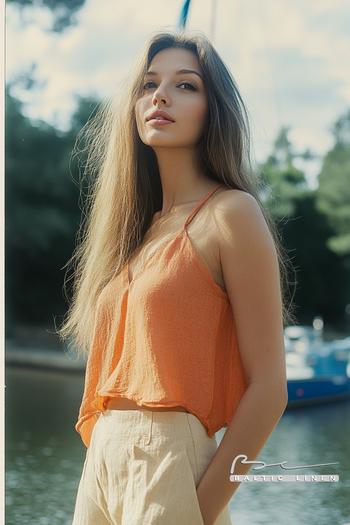 Dreamy orange linen top styled for enchanting evening vibes.